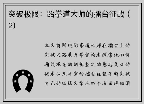 突破极限：跆拳道大师的擂台征战 (2)